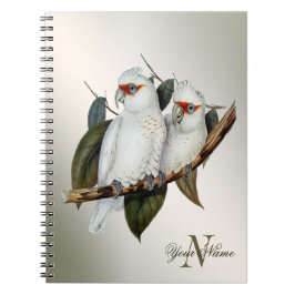 Monogram Namn White Birds Cockatoo Grönt Löv Anteckningsbok