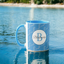 Monogram Namn White Seahorse Skeleton Mönster Mugg