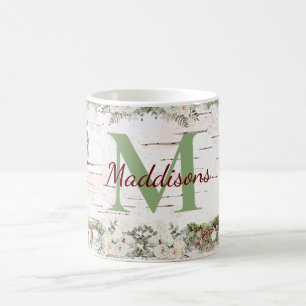 Monogram Namn Winter Woodland Vit ros Pinecone Kaffemugg