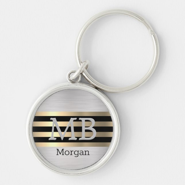 Monogram & Namn, Yel Guld Brushed Steel Black Rund Silverfärgad Nyckelring (Framsidan)