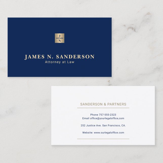 Monogram namnet elegant lyx navy guld advokat visitkort (Fram/baksida)