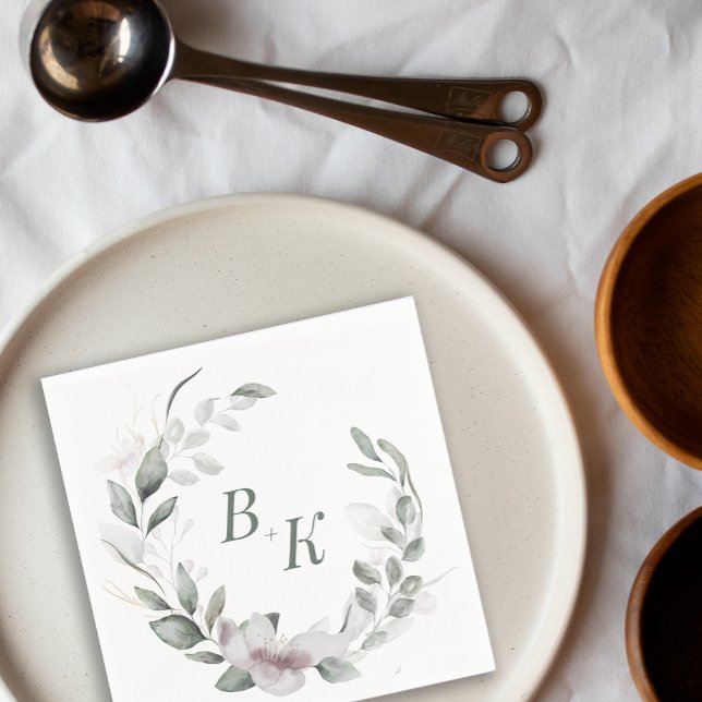 Monogram Napkin, botaniskt naturavfall, Bröllop Pappersservett (sage green botanical wedding couple monograms napkins)