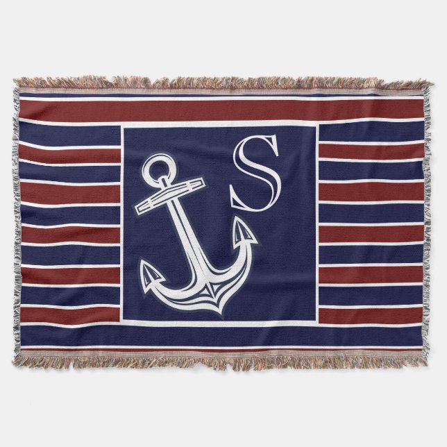 Monogram Nautical Anchor Navy Blue Maroon rand Filt (Framsidan)
