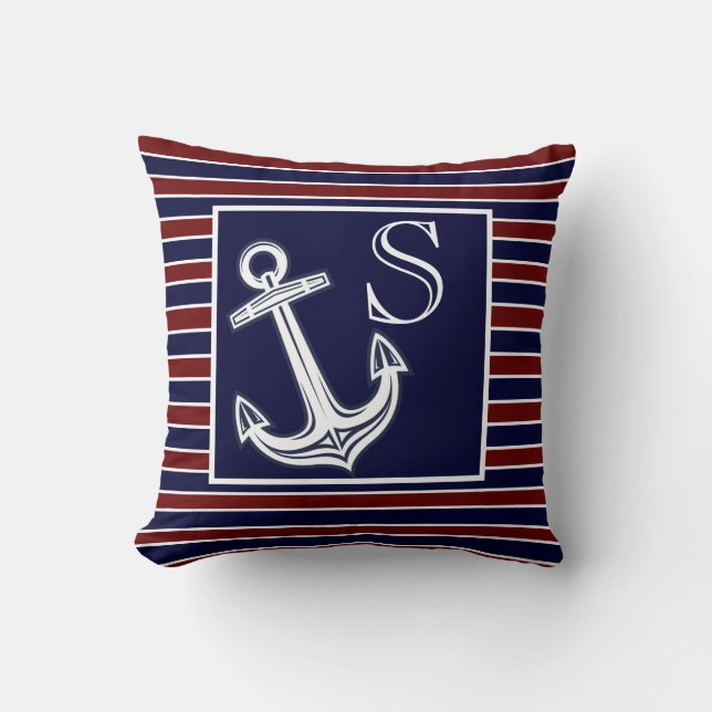 Monogram Nautical Anchor Navy Blue Maroon rand Kudde (Framsida)
