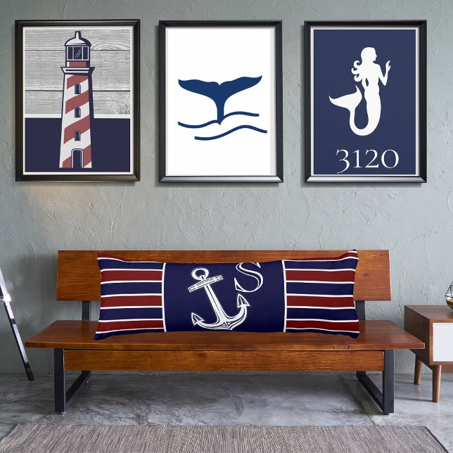 Monogram Nautical Anchor Navy Blue maroon stripe Kroppskudde (Skapare uppladdad)