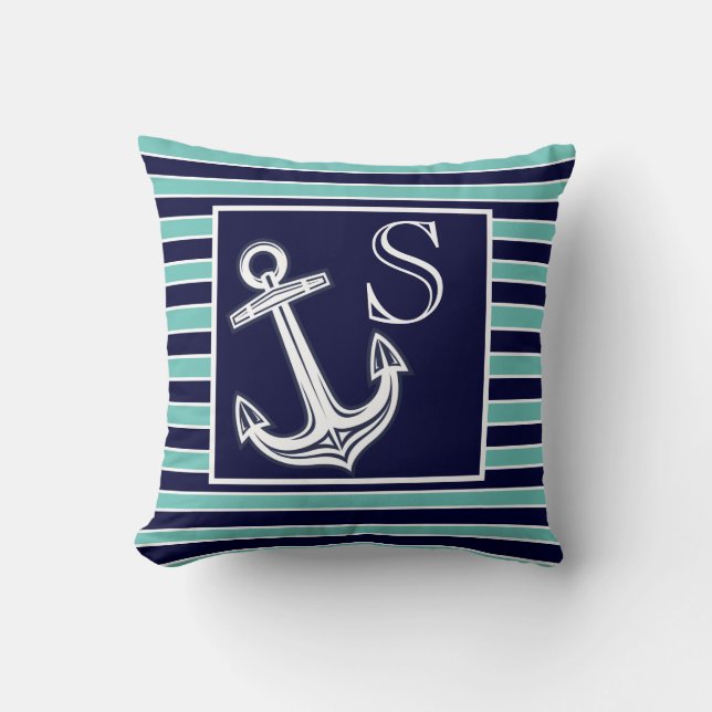 Monogram Nautical Anchor Navy Blue Teal rand Kudde (Framsida)