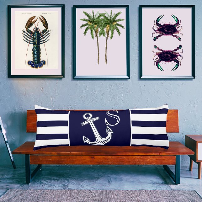 Monogram Nautical Anchor Navy Blue White rand Kroppskudde (Skapare uppladdad)