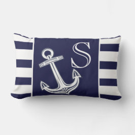 Monogram Nautical Anchor Navy Blue White rand Lumbarkudde