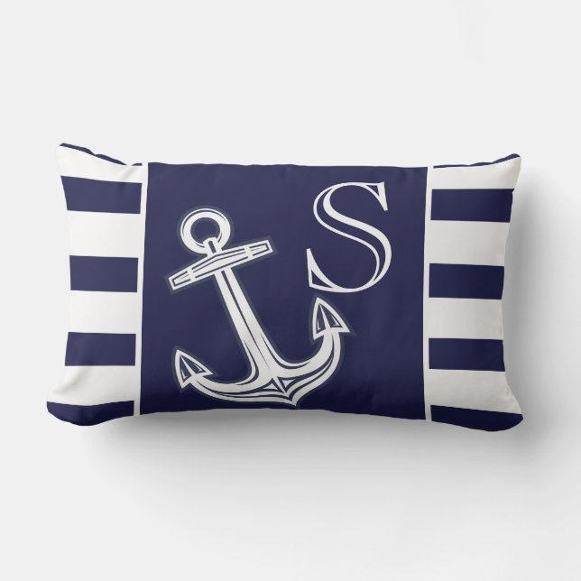 Monogram Nautical Anchor Navy Blue White rand Lumbarkudde (Framsida)