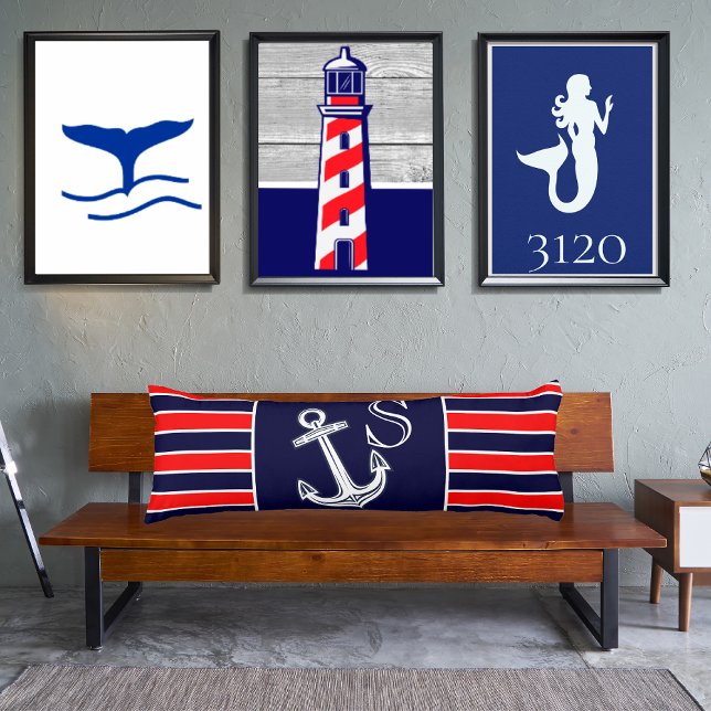 Monogram Nautical Anchor Navy Red White rand Kroppskudde (Skapare uppladdad)