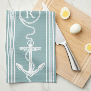 Monogram Nautical Anchor Rope Neutralt Turcos Kökshandduk
