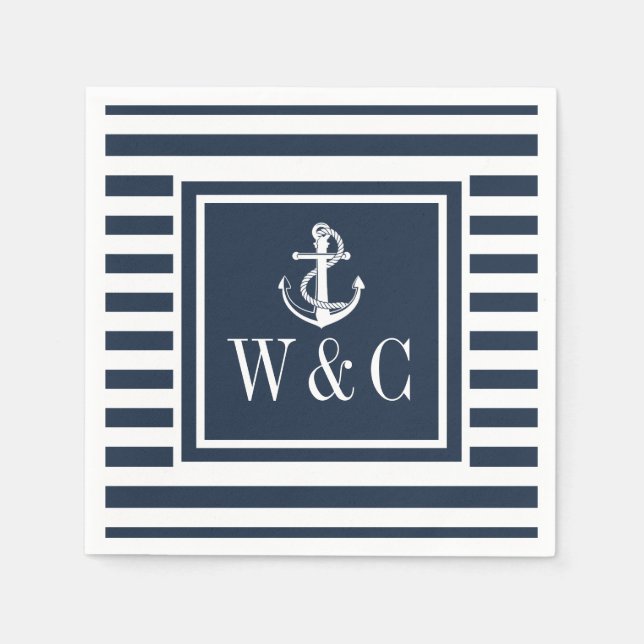 Monogram Nautical Boat Anchor Navy Blue Rand Pappersservett (Framsidan)