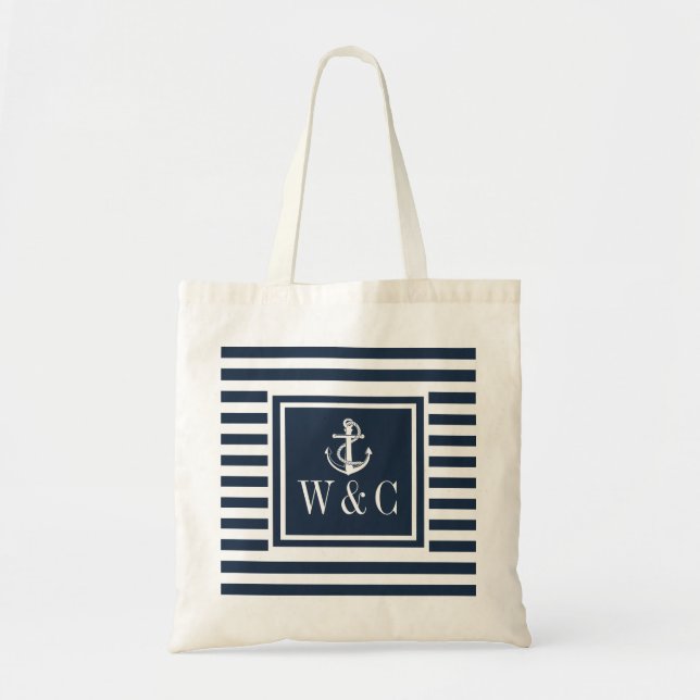 Monogram Nautical Boat Anchor Navy Blue Rand Tygkasse (Framsidan)