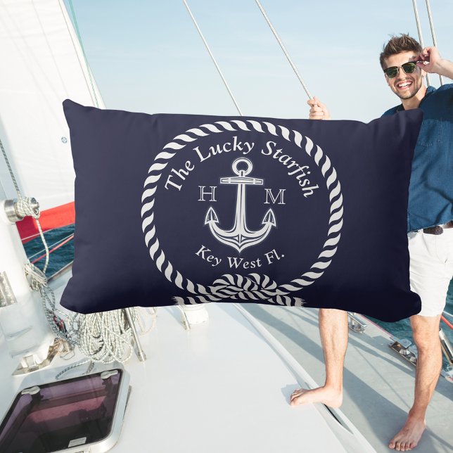 Monogram Nautical Boat Namn Anchor Rope Navy Blue Kudde (Skapare uppladdad)
