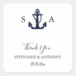 Monogram Nautical Navy Blue Anchor Bröllop Fyrkantigt Klistermärke