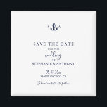Monogram Nautical Navy Blue Anchor Bröllop Magnet<br><div class="desc">Gör din stora dag oförglömlig med den här Monogram Nautical Navy Blue Anchor Spara datum magneter. Med en minimalistisk vit bakgrund, marin blå text och ett tidsbegränsat ankarmonogram med parets initialer blandar denna magnet rent kustnära stil med vardaglig funktion. Perfekt för strandbröllop, firande på bestämmelseorten eller par som kärlek alla...</div>