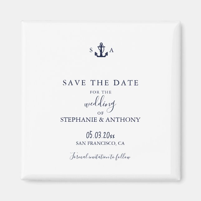 Monogram Nautical Navy Blue Anchor Bröllop Magnet (Framsidan)