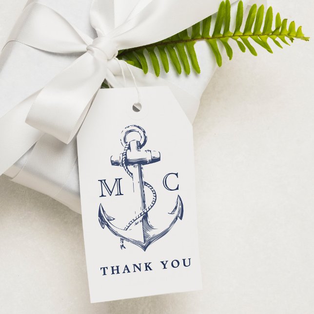 Monogram Nautical Navy Blue Anchor Tack Presentetikett (Skapare uppladdad)
