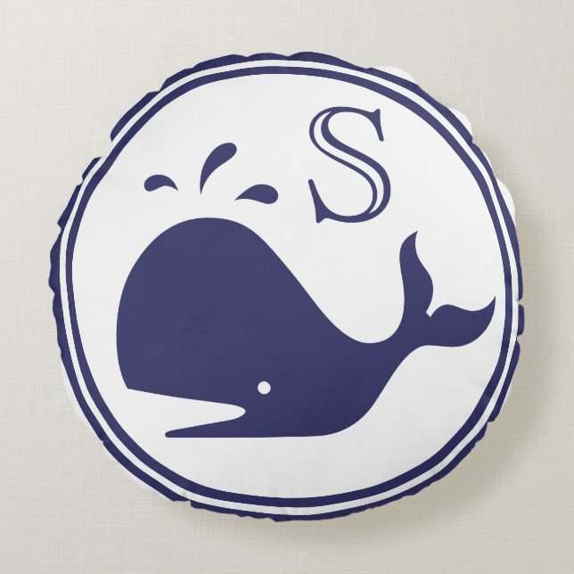 Monogram Nautical Navy Blue Whale white Rund Kudde (Framsidan)