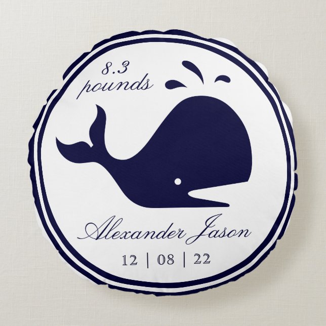 Monogram Nautical Navy Blue Whale white Rund Kudde (Framsidan)