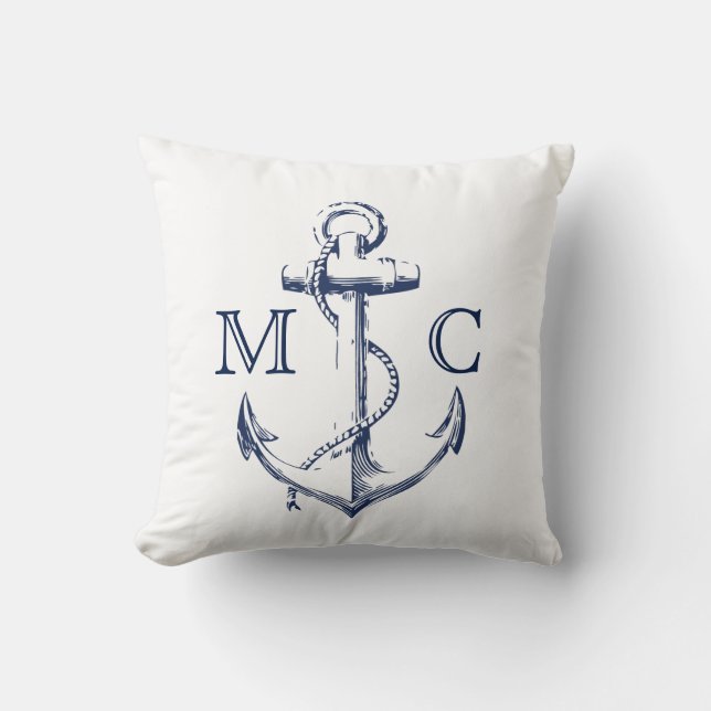 Monogram Nautical Navy + White Sketch Anchor | Kudde (Framsida)