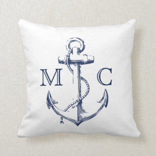 Monogram Nautical Navy + White Sketch Anchor   Kudde