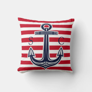 Monogram Nautical Red White Rand marinanchor Kudde