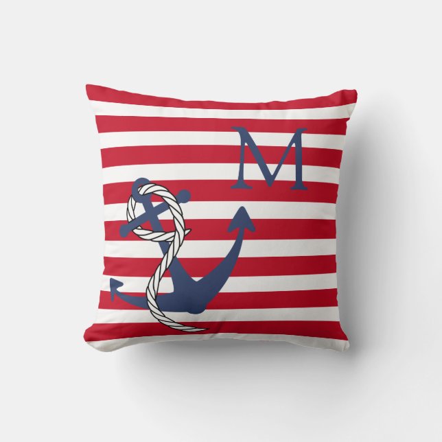 Monogram Nautical Red White Rand Navy Anchor Th Kudde (Framsida)