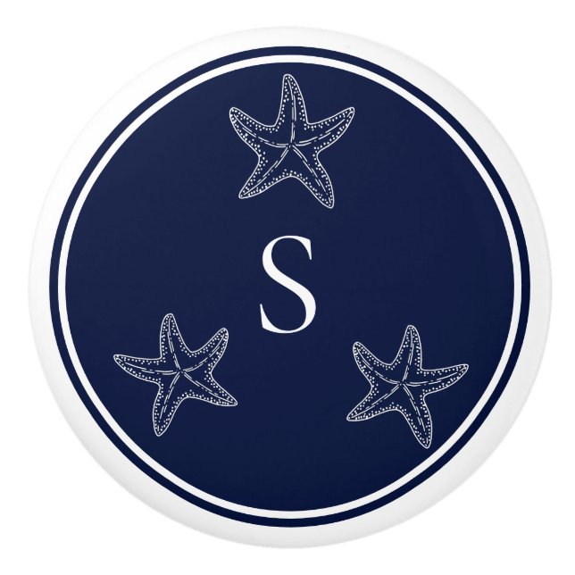 Monogram Nautical White Navy Blue Starfish Beach Knopp (Framsidan)