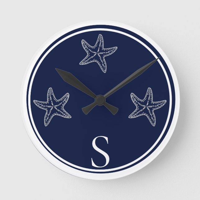 Monogram Nautical White Navy Blue Starfish Beach Rund Klocka (Framsida)