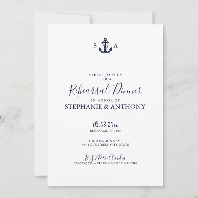 Monogram Navy Blue Anchor Rehearsal Inbjudningar (Framsida)