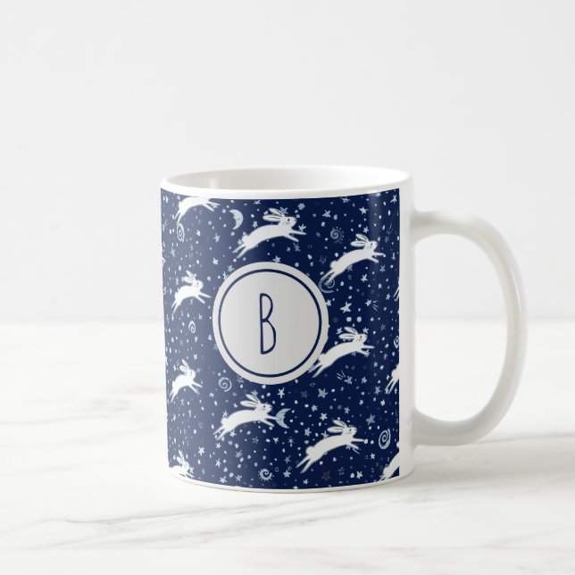 Monogram Navy Blue Celestial Bunny Rabbit Stars Kaffemugg (Höger)