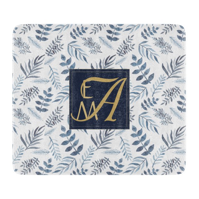 Monogram Navy Blue Guld Botanical Lövs Ferns (Framsidan)