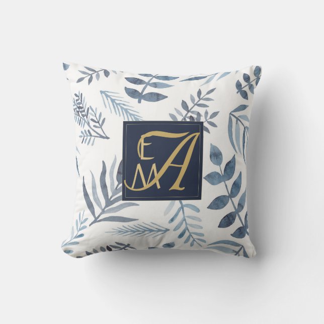 Monogram Navy Blue Guld Botanical Lövs Ferns Kudde (Framsida)