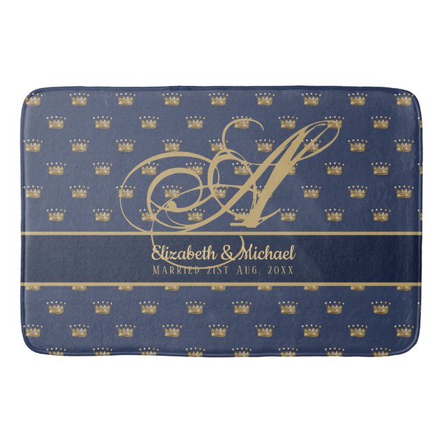 Monogram Navy Blue Guld Krona Kung Queen NEWLYWEDS Badrumsmatta (Framsidan)