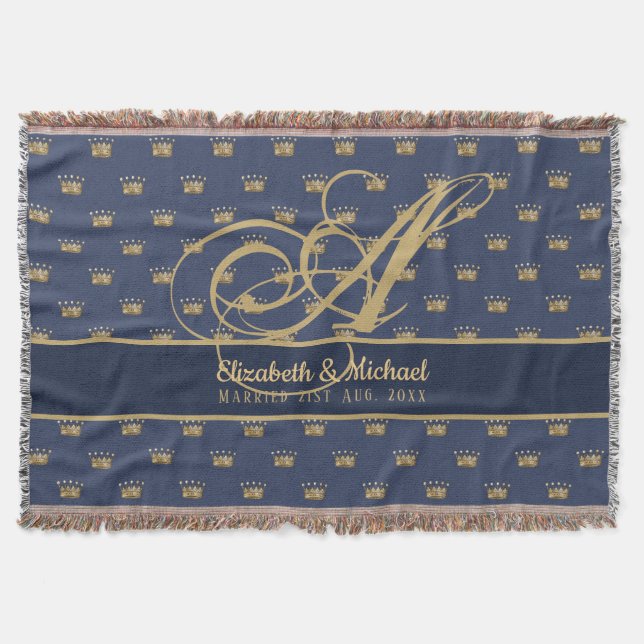 Monogram Navy Blue Guld Krona Kung Queen NEWLYWEDS Filt (Framsidan)