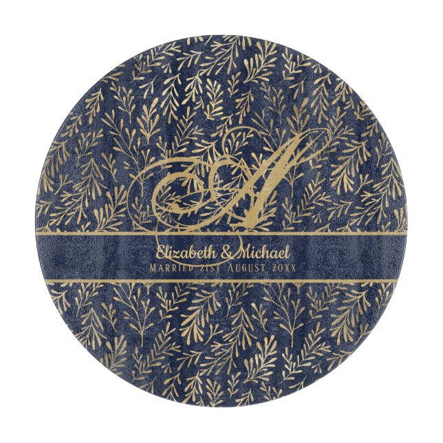 Monogram Navy Blue Guld Löv Newlyweds Bröllop (Framsidan)