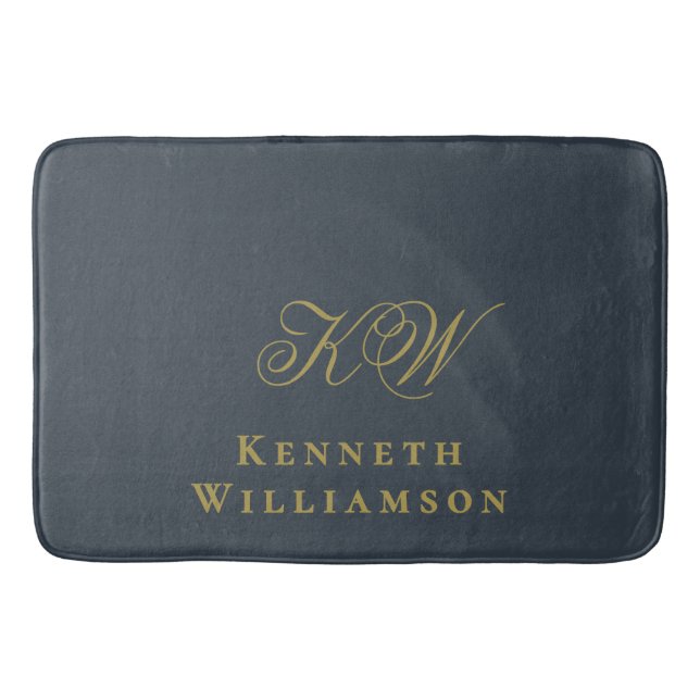 Monogram Navy Blue Guld Namn Minimalistisk Män  Badrumsmatta (Framsidan)