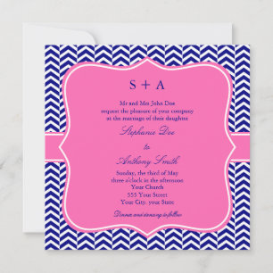 Monogram Navy Blue med Shock rosa Chevron Bröllop Inbjudningar