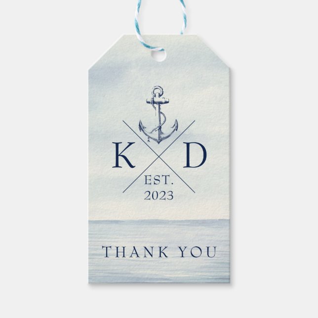 Monogram Navy Blue Nautical Anchor Tack Gift Presentetikett (Framsidan)