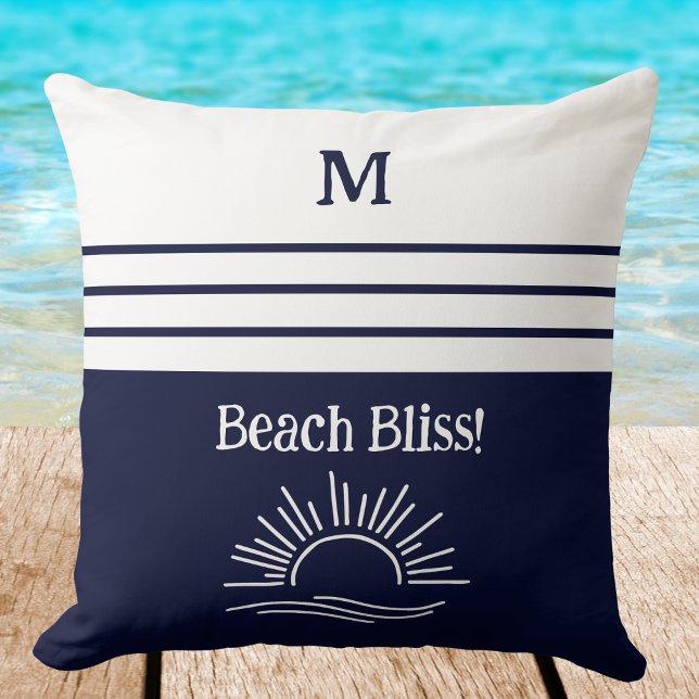 Monogram Navy Blue Nautical Stripes Beach House Kudde (Skapare uppladdad)