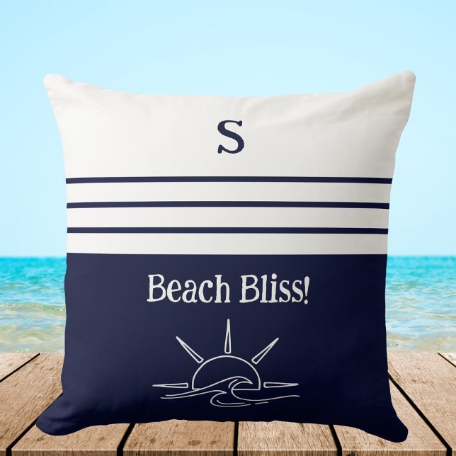 Monogram Navy Blue Rand Nautical Beach House Kudde (Skapare uppladdad)