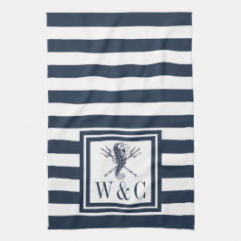 Monogram Navy Blue Rand Seahorse Nautical Nautical Kökshandduk