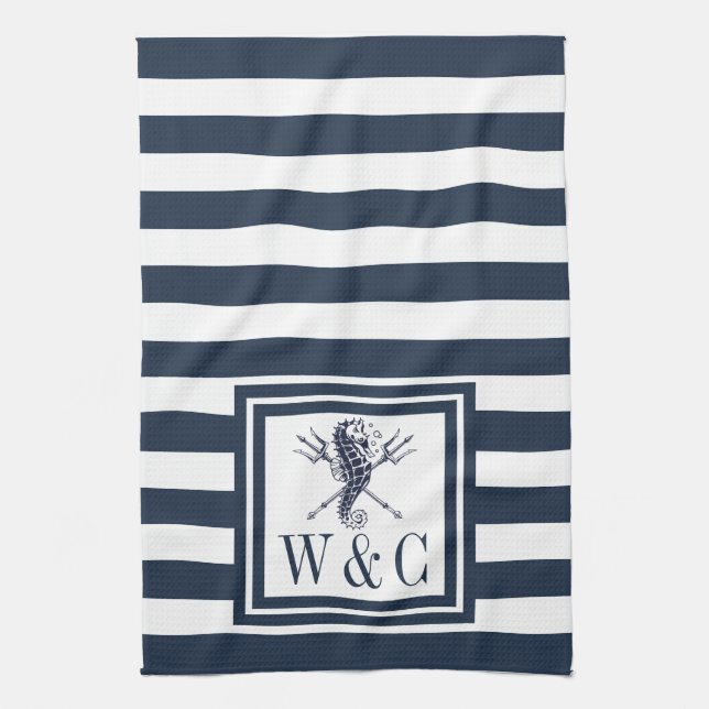 Monogram Navy Blue Rand Seahorse Nautical Nautical Kökshandduk (Vertikal)