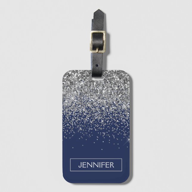 Monogram Navy Blue Silver Glam Glitter Bagagebricka (Framsida vertikal)