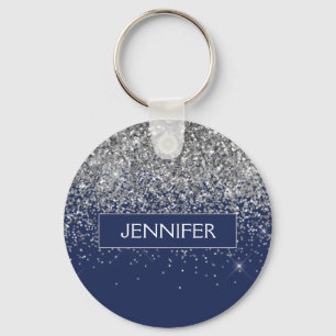 Monogram Navy Blue Silver Glam Glitter Nyckelring