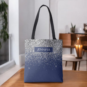 Monogram Navy Blue Silver Glam Glitter Tygkasse