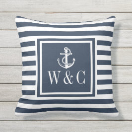 Monogram Navy Blue Stripe Nautical Anchor Kudde