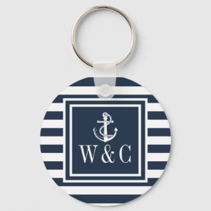 Monogram Navy Blue Stripe Nautical Boat Anchor Nyckelring