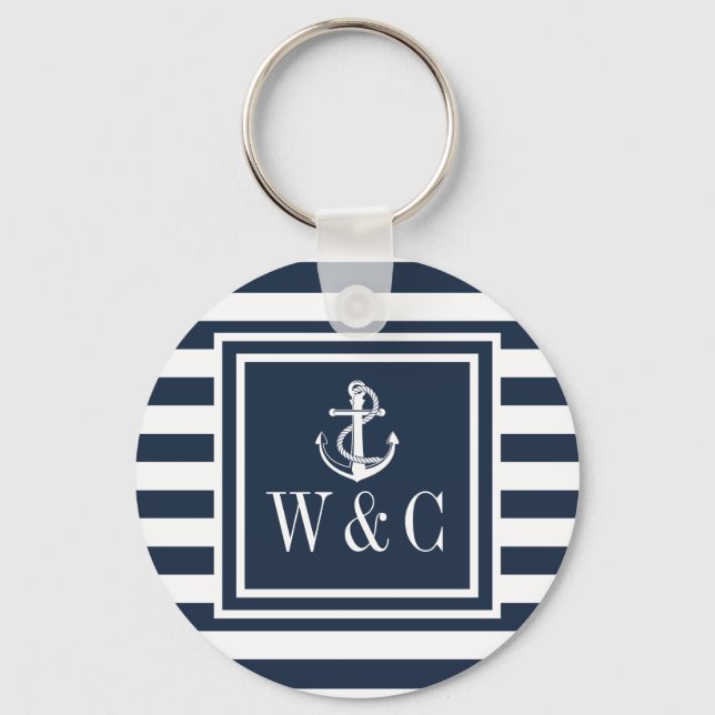 Monogram Navy Blue Stripe Nautical Boat Anchor Nyckelring (Framsida)